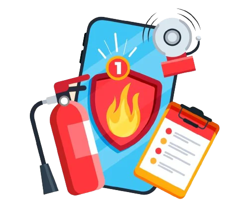 Digital illustration of fire safety app on smartphone with fire extinguisher alarm bell and safety checklist