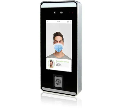 Computime touchless facial recognition clocking terminal verifying a masked healthcare worker