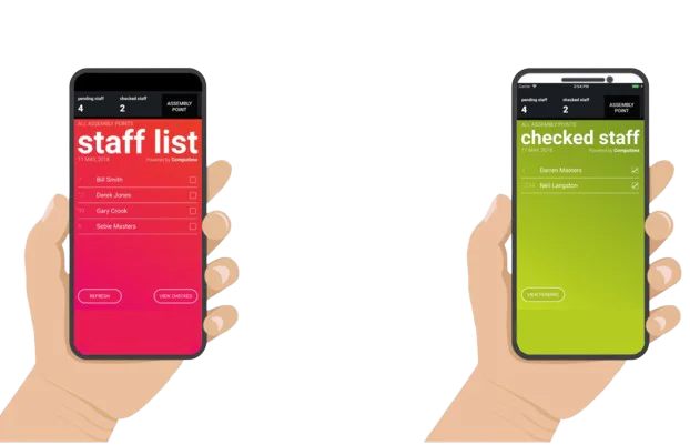 Fire roll call management system app showing live evacuation list on mobile device