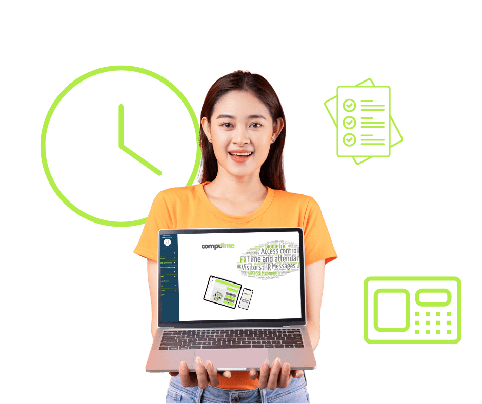 A smiling woman holding a laptop