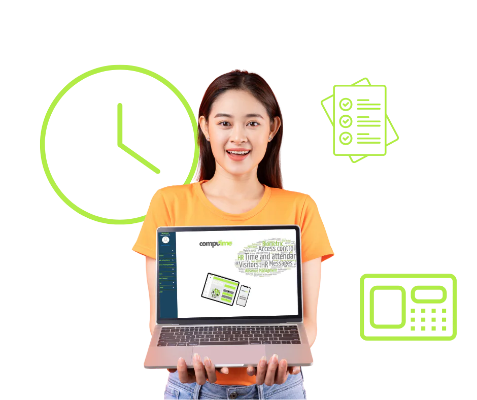A smiling woman holding a laptop