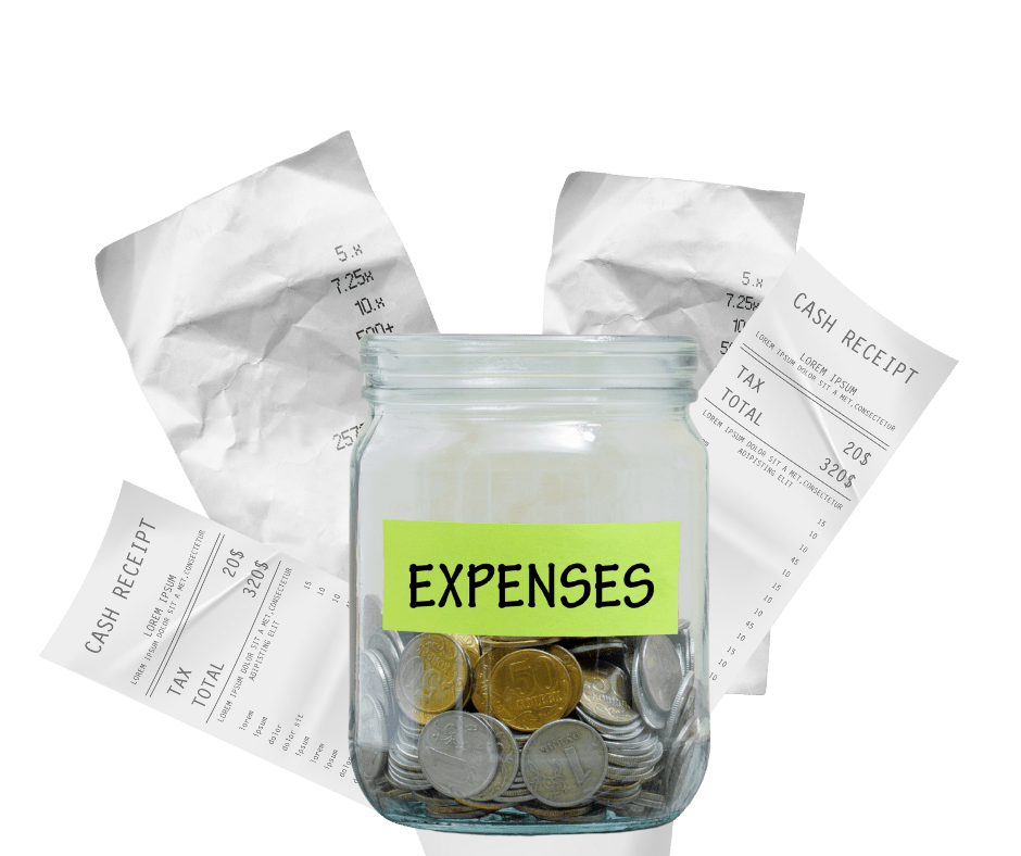 jar labeled expenses with cash receipts and coins showing expense managemen