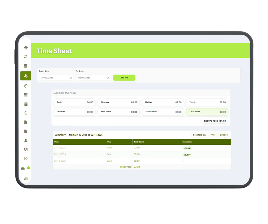 Employee web portal real time timesheet showing hours, overtime, and holiday totals