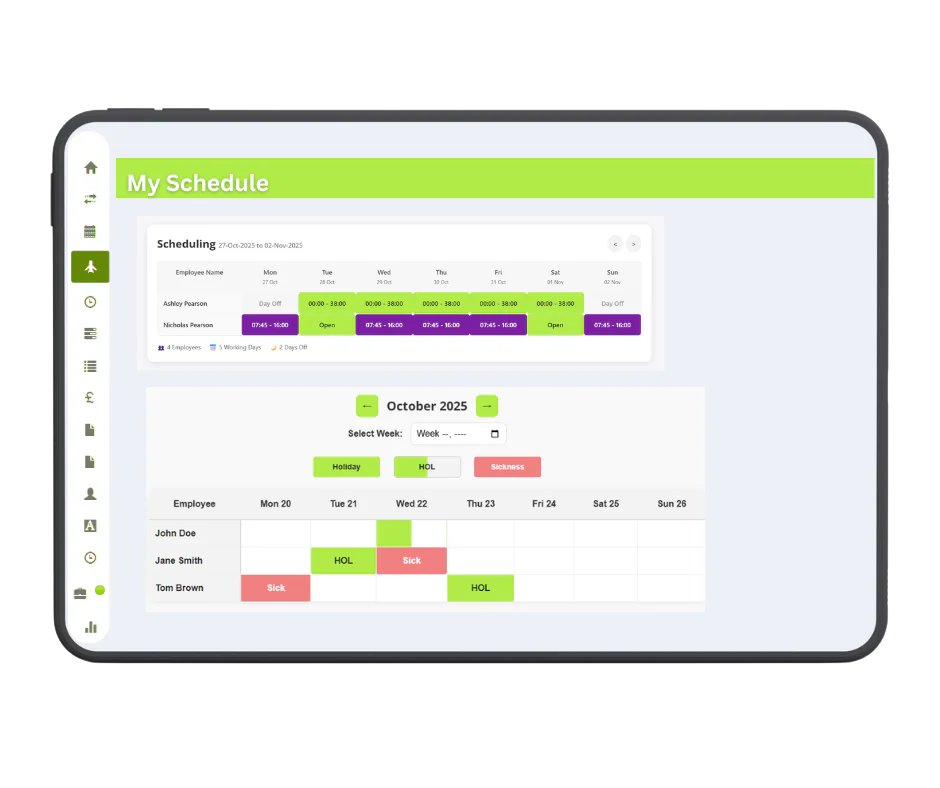 Employee web portal schedule and holiday planner showing weekly shifts and approved time off