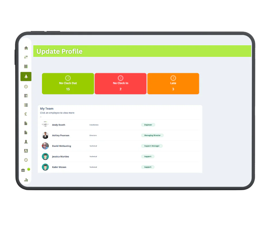 Management Web Portal dashboard showing team attendance and approvals