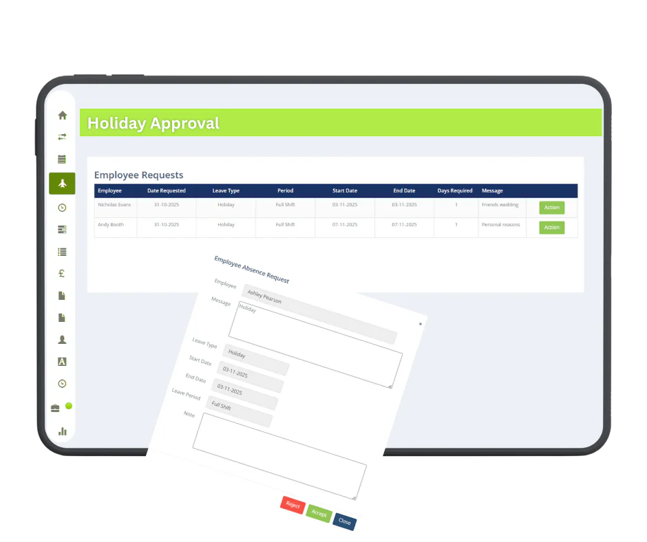 Holiday approval dashboard in the Management Web Portal
