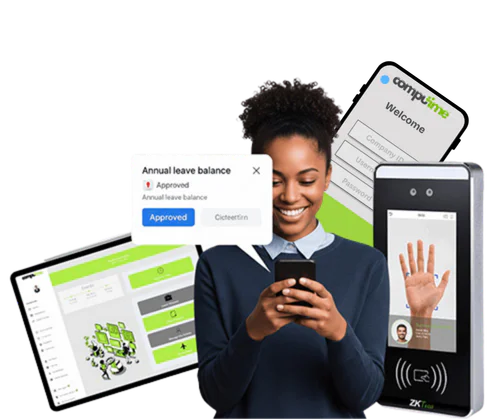 Computime Realtime workforce management software shown on screen alongside biometric and RFID clocking hardware