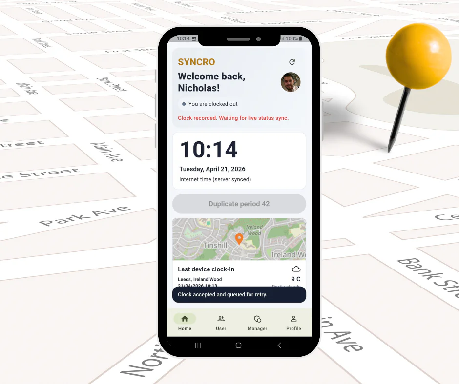 Field worker clocking in with GPS location on the Computime Syncro Connect mobile app