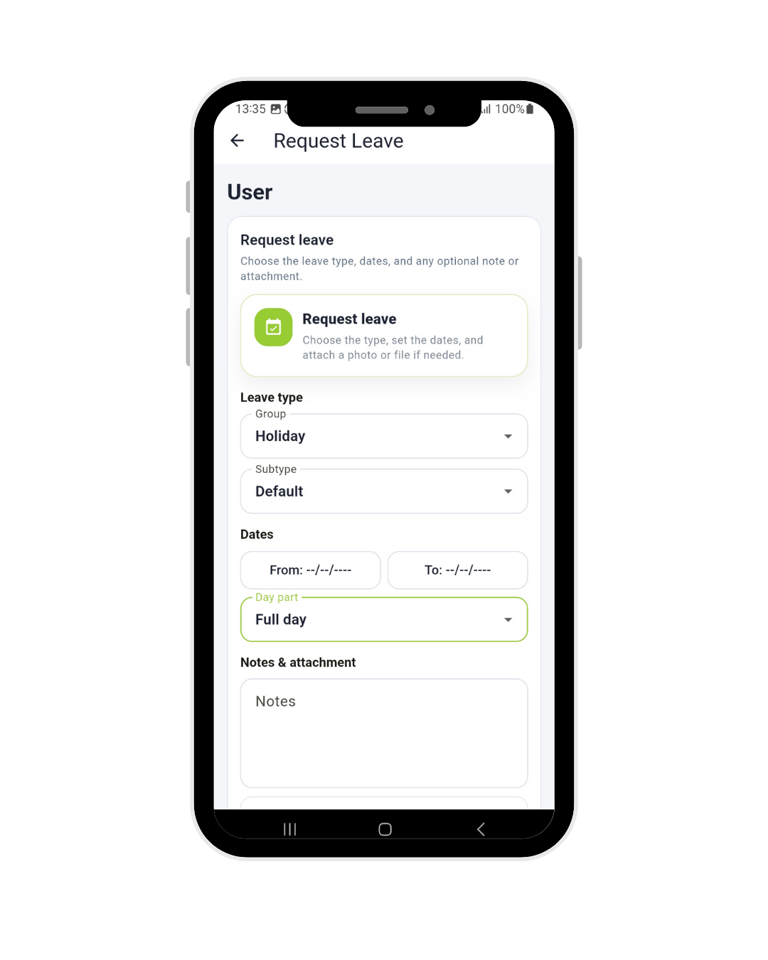 Syncro clocking in app holiday request screen