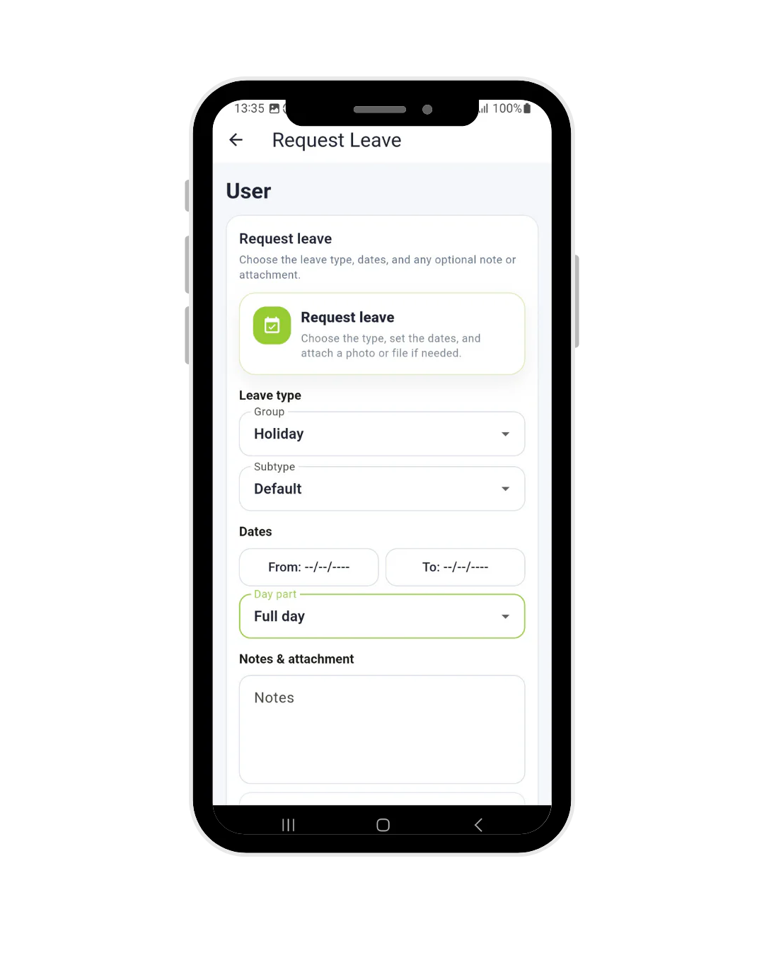 Syncro Connect clocking in app on an Android phone showing the holiday request form for UK employees