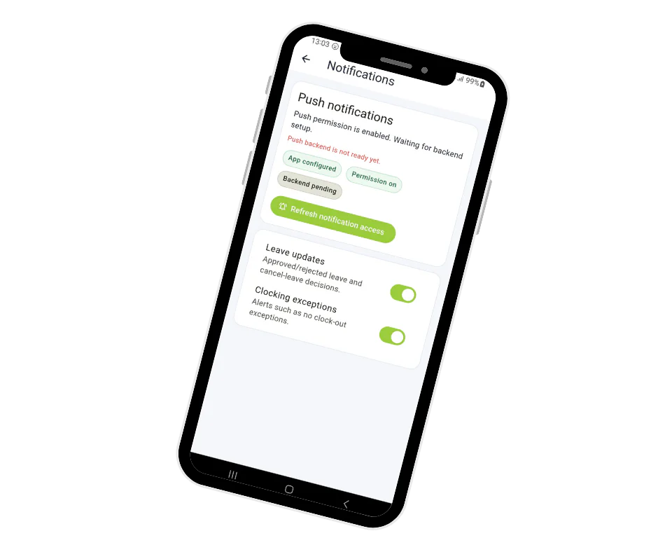 Syncro Connect clocking in app on a smartphone showing push notifications for leave requests and clocking alerts