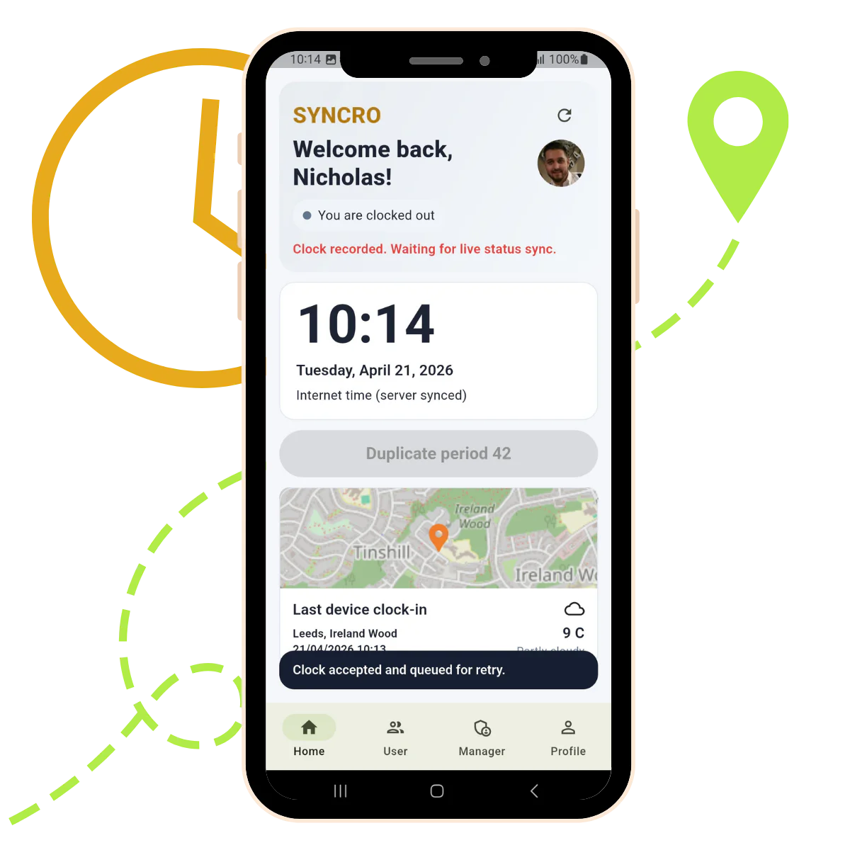 Syncro Connect clocking in app on a smartphone showing GPS-verified clock-in and live working hours for UK businesses