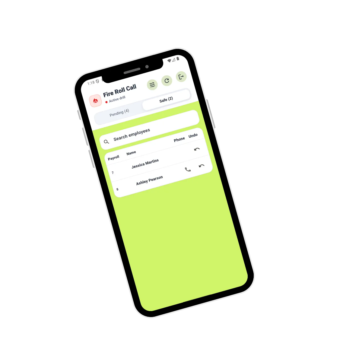 Computime fire roll call app showing employees confirmed safe in real time during a workplace evacuation