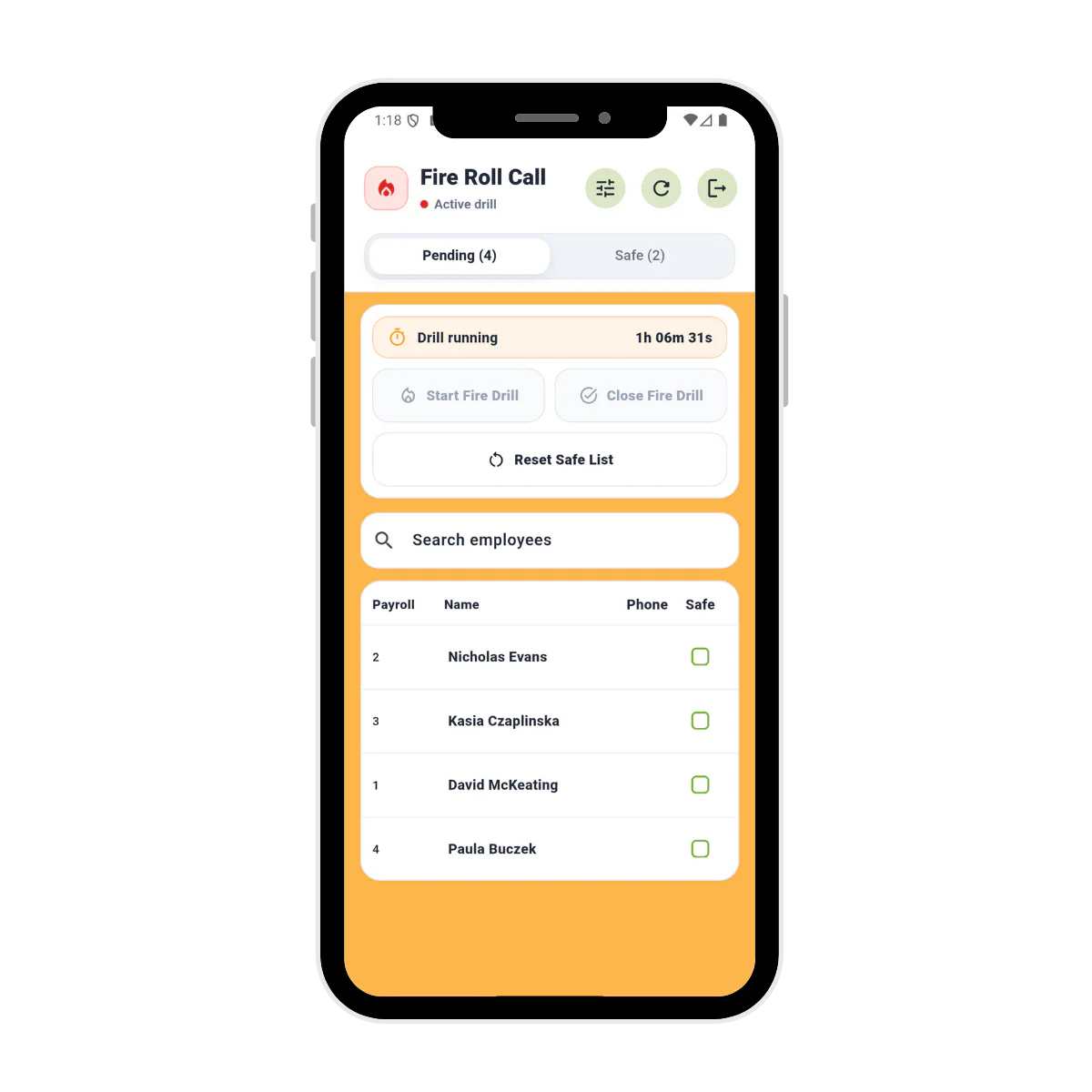 Computime fire roll call app on a smartphone showing a live fire drill, with a drill timer and employees being marked safe in real time