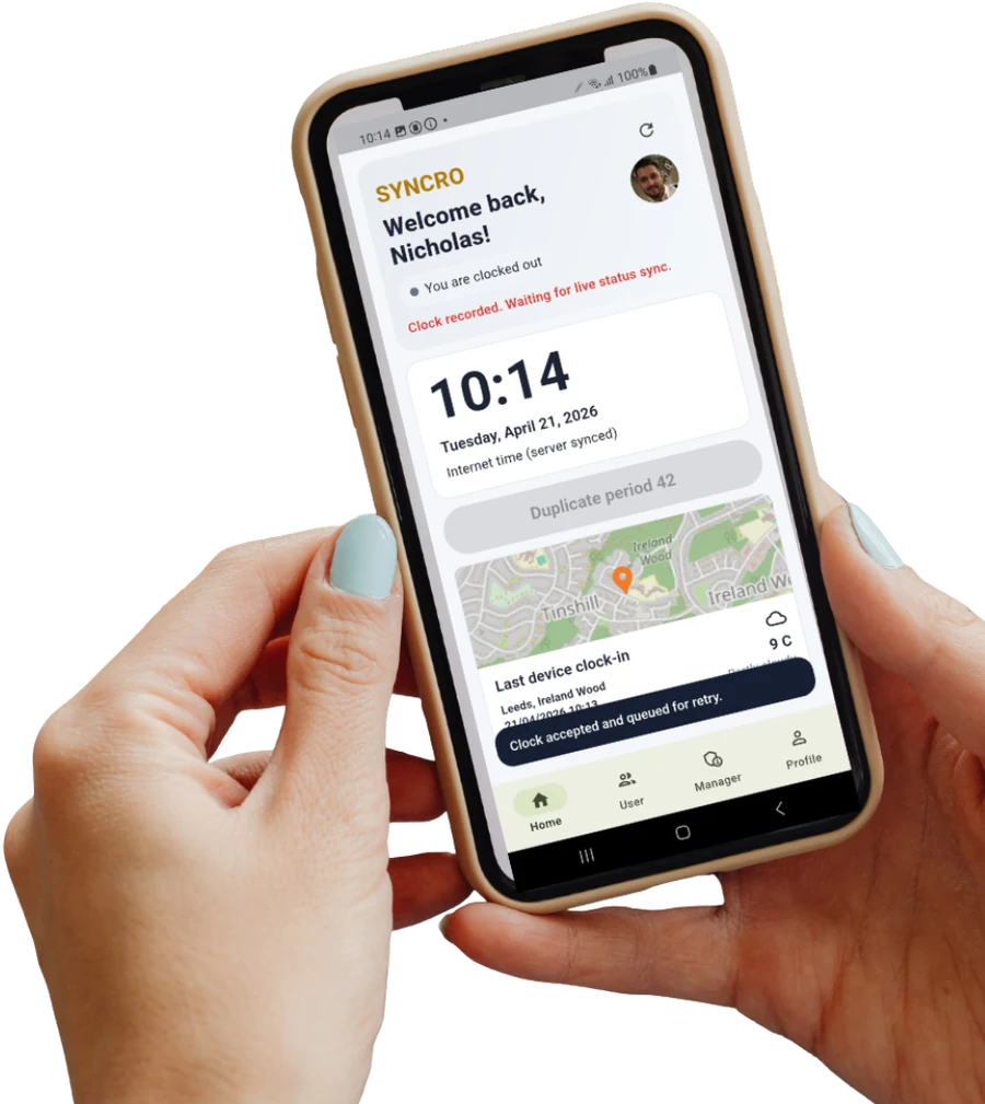 Employee clocking in on the Syncro Connect mobile app