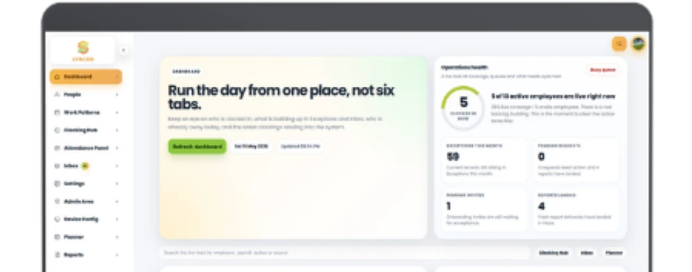 Syncro Connect manager dashboard showing live clocking status across the workforce