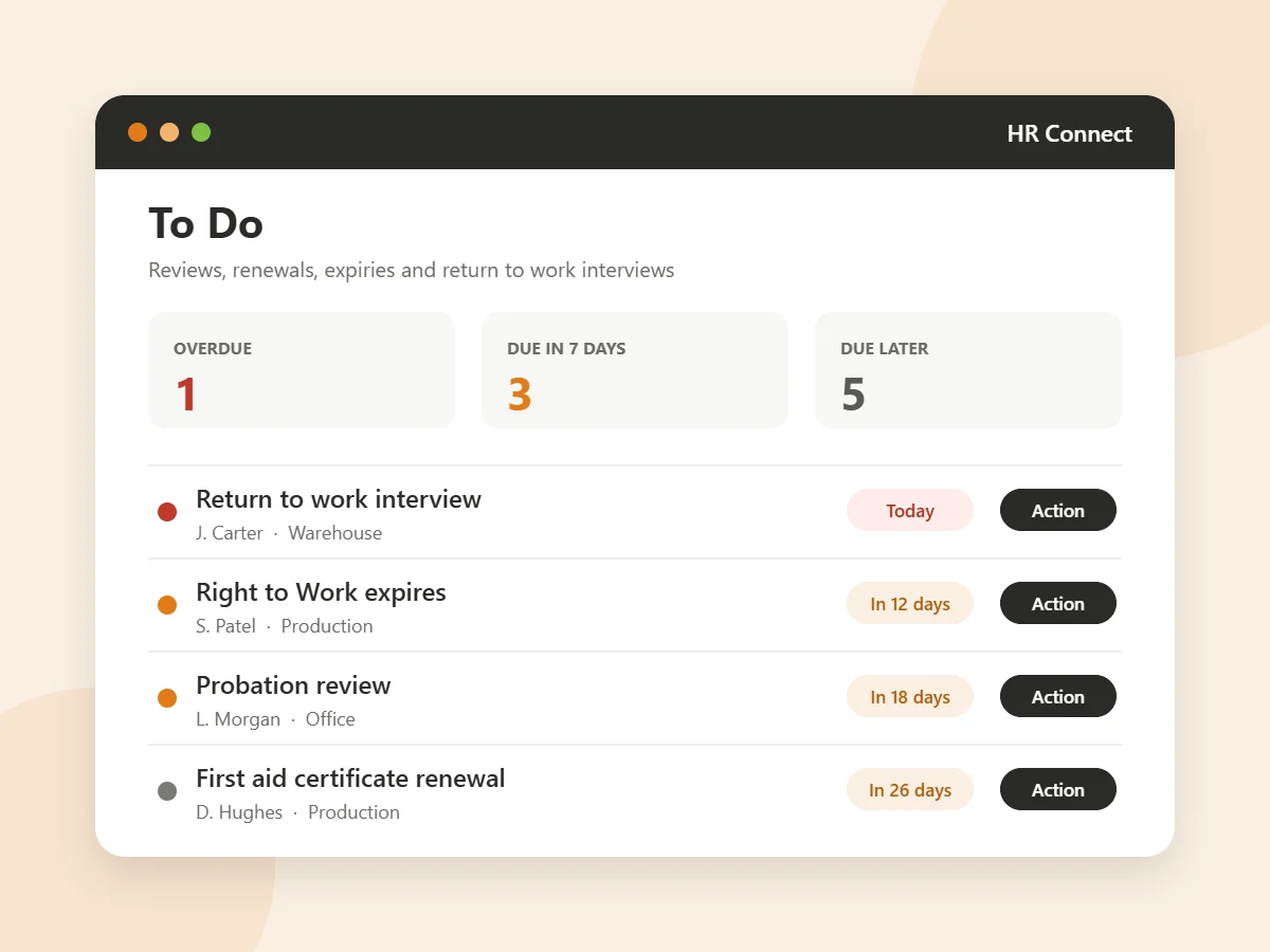 Illustration of the HR Connect To Do list showing an overdue return to work interview, an expiring Right to Work document, a probation review and a first aid renewal