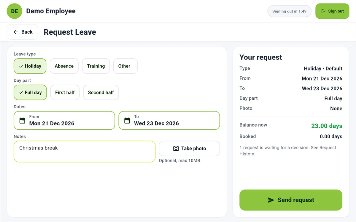 Requesting holiday on Syncro Kiosk, choosing leave type, full or half day and dates, with the live balance shown